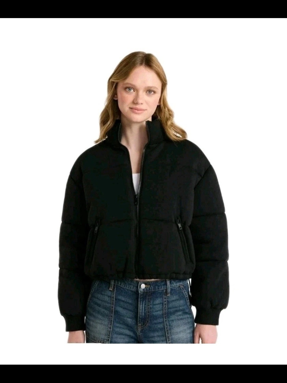 No Boundaries Knit Puffer Jacket Black Mock Neck Full Zip Soft Bungee XXS (00)